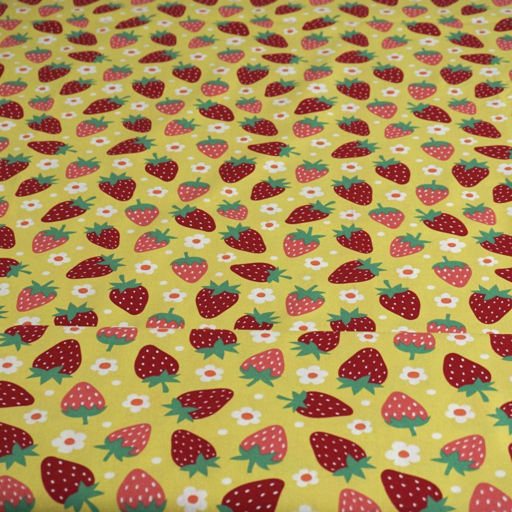 Baumwollstoff Motivdruck Erdbeeren rot gelb